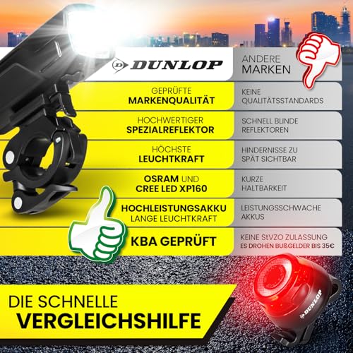Dunlop Sports Fahrradlicht Set Fahrrad Licht - Extra helles LED mit Hochleistungs Akku -...