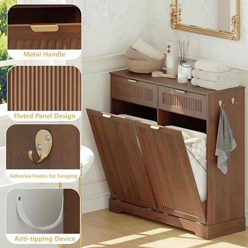 Image of Double 13 Gallon Tilt Out Trash Can Cabinet,Garbage Cabinet with Drawer | Hidden Garbage Storage with Fluted Design, Drawer & Hooks for Kitchen, Dining Room and Small Space Organization,Walnut