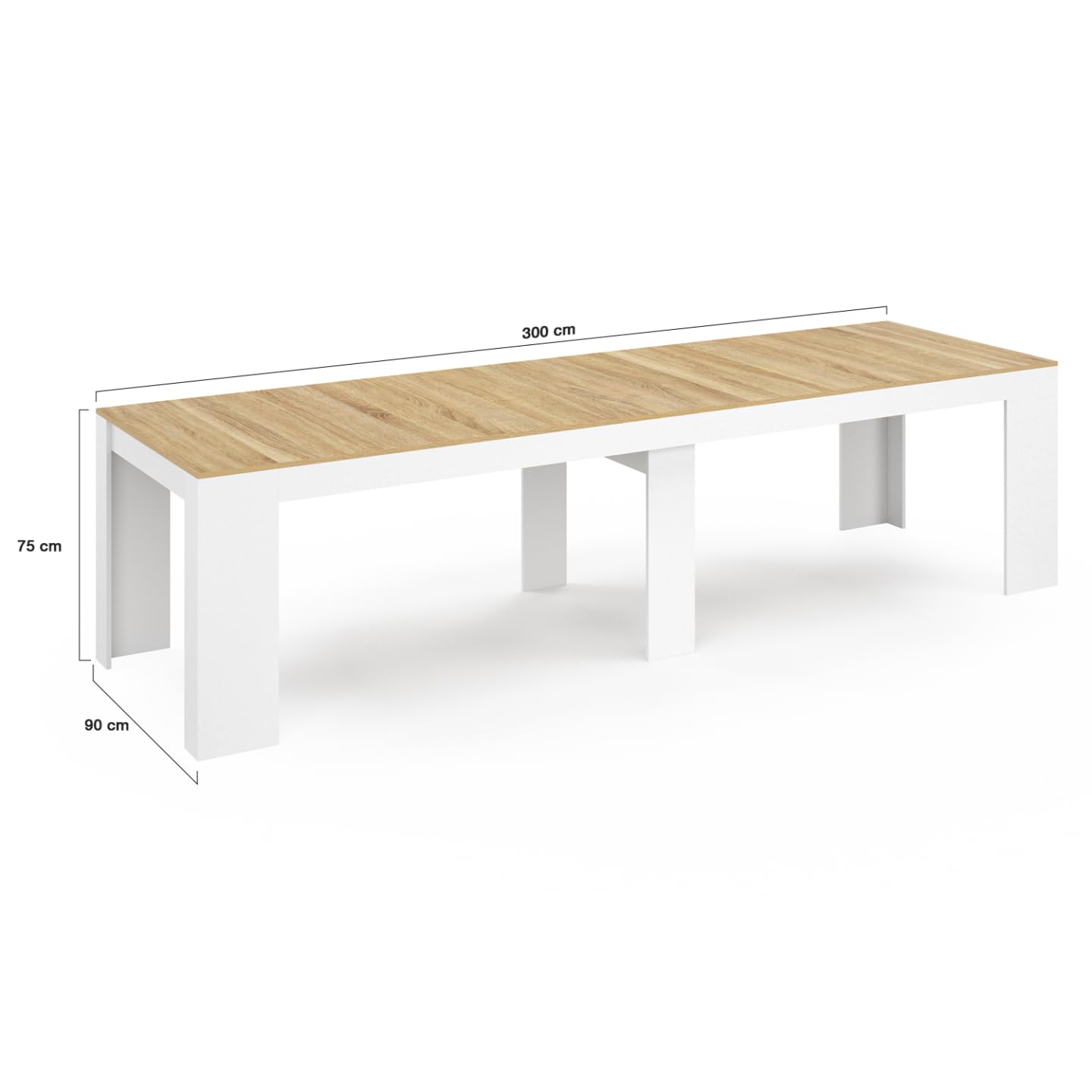IDMarket – Mesa consola extensible Orlando para 14 personas, 300 cm, color blanco y estilo haya