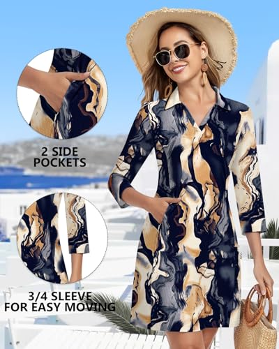 Image of WOWENY 3 /4 Sleeve Dress for Women with Pockets V Neck UPF 50+ Casual Sun Dress Breathable Quick Dry Beach Vacation