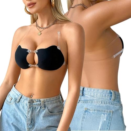 changlizi Strapless Push Up Bras for Women Reusable Lifting Sticky Bra with Clear Strap for Backless Dresses(Black C)