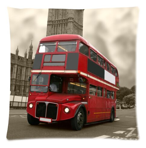 Antique London Red Bus and Big Ben Cushion Cover Custom, Zippered Pillow Case for Sofa, 20x20 inches Twin Sides