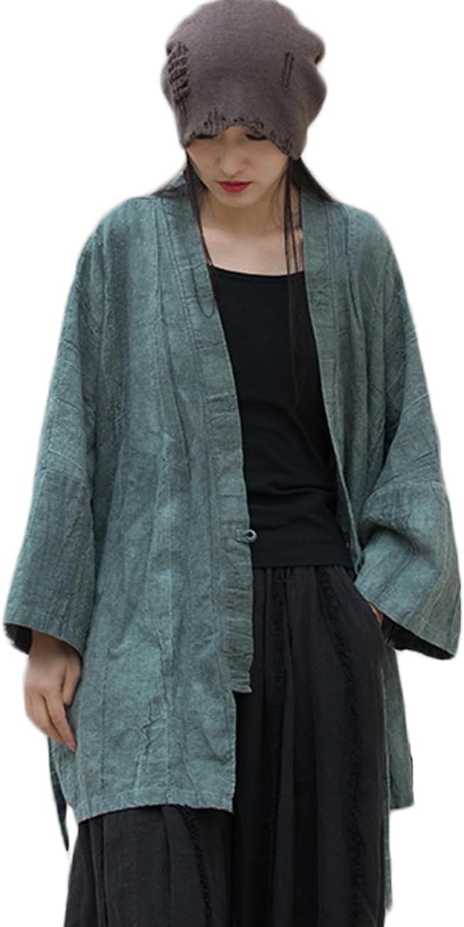 NFYM Women's Long Sleeve Open Front Kimono Hanten Jacket Cotton Linen Vintage Tie Dye Hanfu Self-Tie Cardigan Outerwear