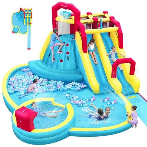 ELEMARA XL Inflatable Water Slide with 19ft Attachable Slip and Slide,Large 7 in 1 Blow Up Water Park,Bounce House for Backyard with 2 Slides,Climbing Wall,Deep Pool，Water Cannon,750W Blower for Kids