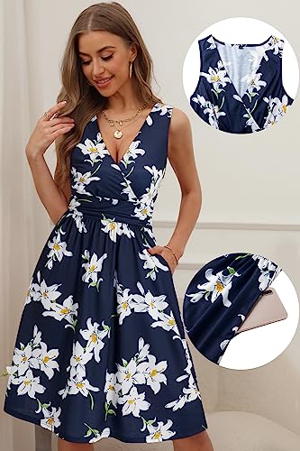Image of OUGES Women's Summer Spaghetti Strap V-Neck Floral Short Party Dress with Pockets