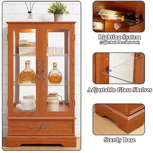 Image of 47 inch H Lighted Curio Cabinet Display Case, Glass Cabinet with Adjustable Shelves,Tempered Glass Door and Drawer, Wooden Curio Cabinet with Mirrored Back Pane for Living Room (Dark Oak)