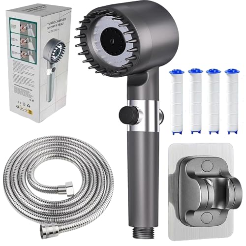Duschkopf mit Filter, Hochdruck Handbrause mit Schlauch, Duschkopf Wassersparender mit Filter, Duschbrause mit Stoppfunktion, Duschbrause für Hartes Wasser, Rest-Chlor, Bakterien, Schwermetall (M1)