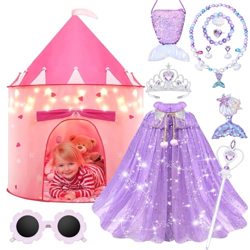 LXSHSRTA 13 Pcs Princess Castle Play Tent with LED Star Lights - Princess Dress-Up Set with Crown for Little Girls - Princess Toy Tent - Indoor and Outdoor Girls Castle Playhouse Tent - Purple