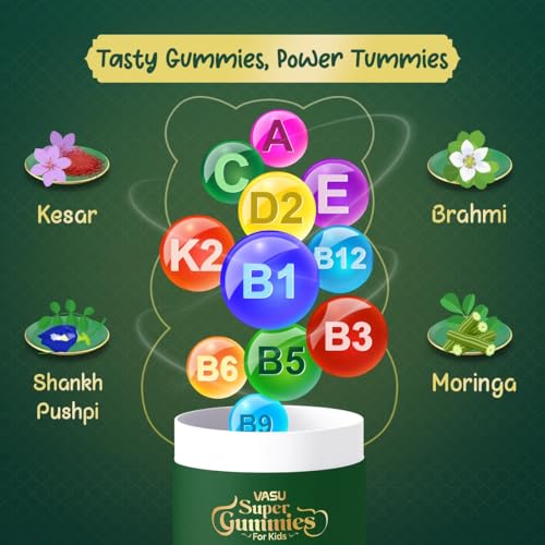 Image of Vasu Super Gummies for Kids (60 Gummies) - Enriched with Kesar, Moringa, Brahmi & Shankhpushpi | Supports Immunity & Gut Health | Pre+Probiotics | DHA, Vitamins & Minerals | No Added Sugar