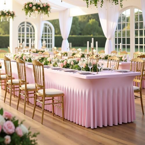 Image of NSSONBEN 2 pk Baby Pink Spandex Tablecloth 6ft with Ruffle Table Skirt, Wrinkle Free Stretchy Fitted Tablecloths for 6 Foot Rectangle Tables, Elastic Spandex Table Covers for Weddings Parties Banquet