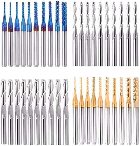 40Pcs End Mill Bits Set 1/8" Shank, Mcwdoit Cutting Milling Tool Engraving Cutter Including Flat Nose/Ball Nose End Mill, Nano Blue Coat/Titanium Coat 2 Flute CNC Router Bits
