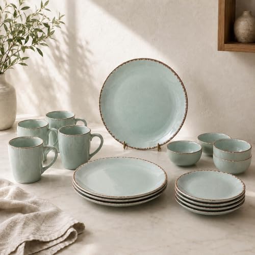 Image of The Earth Store Mint Marble Ceramic Dinner Set of 16 - 4 Dinner Plates, 4 Quarter Plates, 4 Vegetable Bowls & 4 Coffee Mugs | Premium Dinner Set for Home & Dining