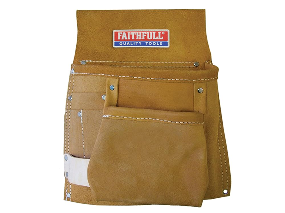 Faithfull Suede Leather Single Tool & Nail Pouch – Tool Pouch Looped for Separate Belt with 5 Pockets & Hammer Loop for Carpenters, Roofers & Joiners – Tan
