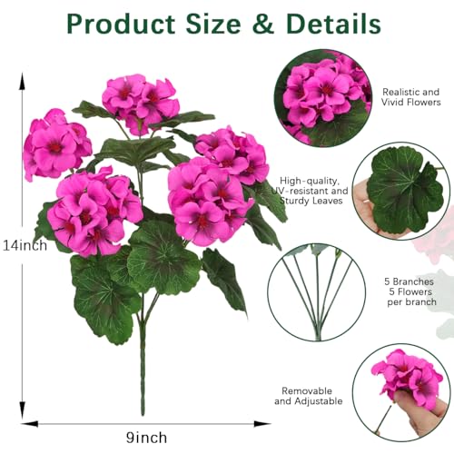 Image of 8 Pcs Artificial Geraniums Flowers for Outdoor Spring Summer Decor UV-Resistant & Realistic Silk Faux Plants for Garden Porch Patio Yard Balcony Home Kitchen Table Decoration, Rose Pink