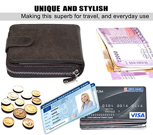 Image of Storite Men's Genuine Leather RFID Blocking Wallet - Zip Around Bifold Design with 11 Card Slots, ID Window & 2 Bill Compartments - Brown (Dark Brown)