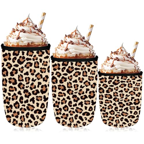 AnyDesign 3 Pcs Cheetah Iced Coffee Cup Sleeve Leopard Print Reusable Cooler Covers Neoprene Insulated Coffee Cup Holder for Cold Beverage
