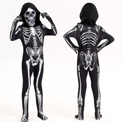 IUKUNNE Deguisement Halloween Garcon, Costume Squelette Enfant, Masque de Crâne Effrayant d'Halloween et Combinaison, pour Halloween Carnaval Cosplay Fête (150CM)