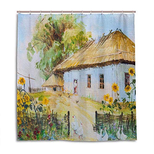 Rideau de douche polyester paysage rural lavable avec crochets 183x183cm