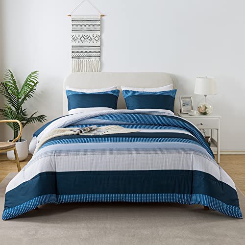 Litanika Navy Blue California King Comforter Set - 3 Pieces Cal King Oversized Lightweight Summer Colorblock Stripe Bedding Set (104X96In, 2 Pillowcases) #TOP2