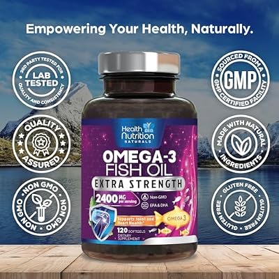 Omega 3 Fish Oil Supplements - 2400mg Fish Oil Per Serving - Triple Strength Omega-3 with EPA & DHA Fatty Acids - Natural Heart, Brain & Immune Support - Wild Caught, Bottled in USA - 120 Softgels