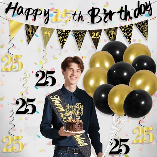 Image of 25th Birthday Decorations for Men, Black Gold 25th Party Decoration Kits | 27pcs Happy 25th Birthday Set, Banner, Honeycomb, Balloons, Gold Number, Candle, Hanging Swirls, Cake Topper, Party Supplies