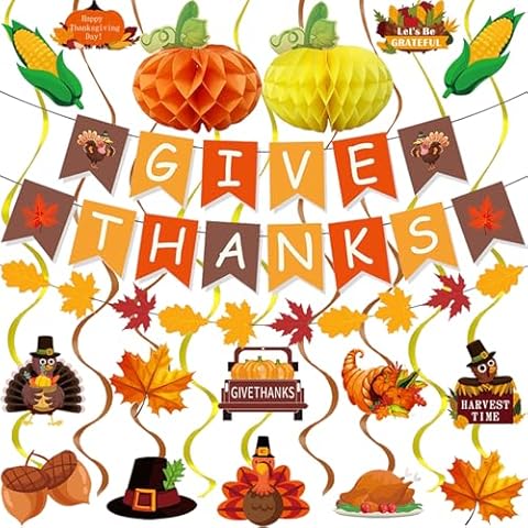 32Pcs Thanksgiving Decorations, GIVE THANKS Banner,Maple Leaf Garland,Autumn Hanging Swirls,Pumpkin Honeycomb Balls for Fall Hanging Party Supplies Cover