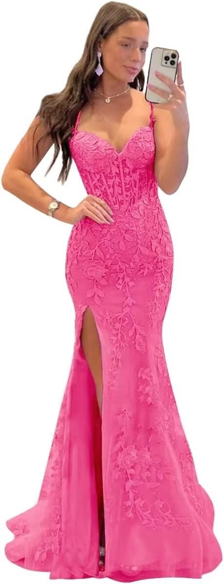 Lace Prom Dresses for Women Spaghetti Straps Tulle Applique Sweetheart Neck Mermaid Formal Evening Party Gowns with Slit