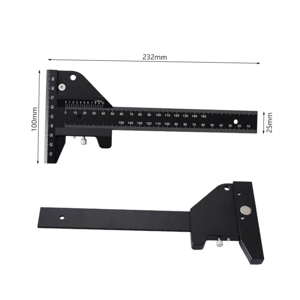 STOBAZA Multifunktions 0,05mm aus Aluminiumlegierung Schreinerlineal T form Schwarz 0 100mm oben 0 210mm Hauptskala mit Abnehmbarem Anschlag und Magnet für Holzbearbeitung