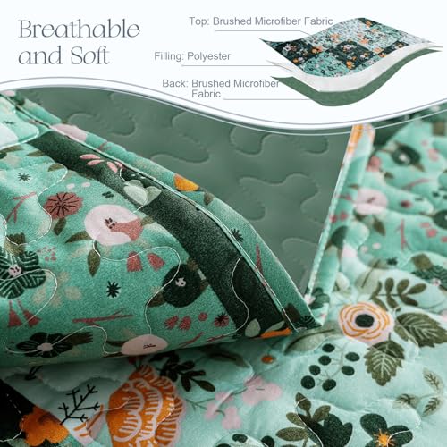 Exclusivo Mezcla Reversible Boho Quilt Set Queen Size, 3 Pieces Patchwork Green All Season Bedspreads, Ultra Soft Floral Coverlet Bedding Set with Printed Pattern (1 Quilt, 2 Pillow Shams)