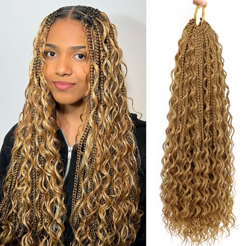 24 Inch Goddess Box Braids Honey Blonde Bohemian Crochet Boho Box Braids With Curly Ends Pre-looped Crochet Braids Hair for Women Synthetic Braiding Hair, 7 Pack 27 Blonde