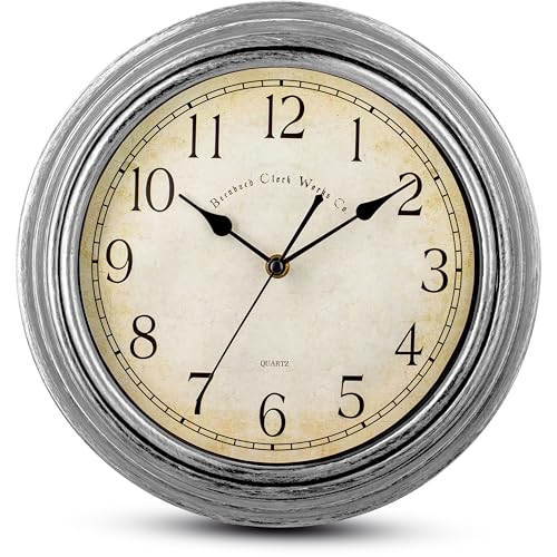 Bernhard Products Vintage Wall Clock Silent Non Ticking - 12 Inch Quality Quartz Battery Operated Decorative Silver Clock for Home Kitchen Living/Dining Room Office Decor, Easy to Read, Rustic