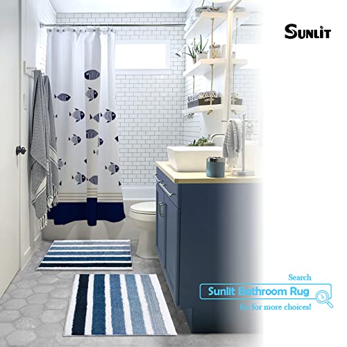 Ombre Blue Striped Bathroom Rug Nautical Bath Mat(Set Of 2), With Decorative Shower Curtain Hooks-12 Pack #TOP7