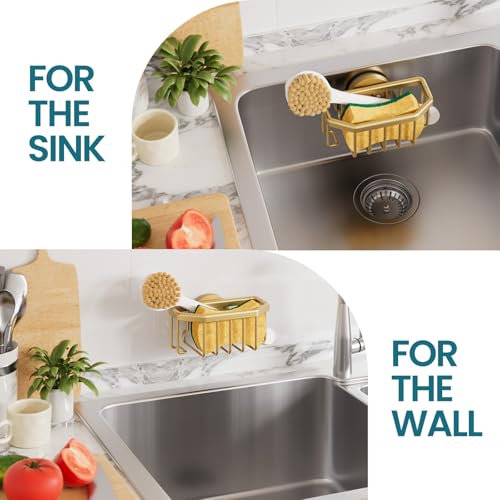 TAILI Sponge Holder for Kitchen Sink with Strong Suction Cup, Rustproof Aluminum Sink Caddy for Sponges, Brushes, Stoppers & Scrapers, Gold by TAILI - Image 5