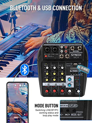 SYNCO MC4 Audio-Mixer-Blue-tooth-USB-Record 4-Channel BT Sound Mixing Console Mono Stereo Input Reverb Effects, 48V Phantom Power, Audio Interface Board for Stage Tuning, Home KTV, Studio Music etc - Thumbnail 6