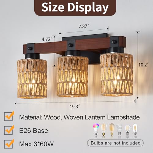 Image of 3 Light Bathroom Vanity Light Fixtures, Rustic Style Farmhouse Wood Bathroom Wall Sconce, Handmade Bamboo Woven Boho Wicker Basket Lamp Shade,Suitable for Bedroom, Hallway, and Living Room
