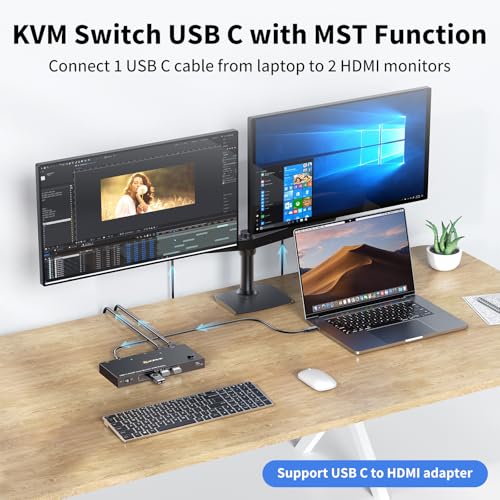 Image of KCEVE KVM Switch 2 Monitors for 1 Laptop 1 Desktop, USB 3.0 KVM Switch 2 Monitor 2 Computer USB C Displayport HDMI, MST,4K@60Hz,PD 100W, Power Adapter, Wired Remote(4K USB C DP HDMI 2 in 2 Out KVM)