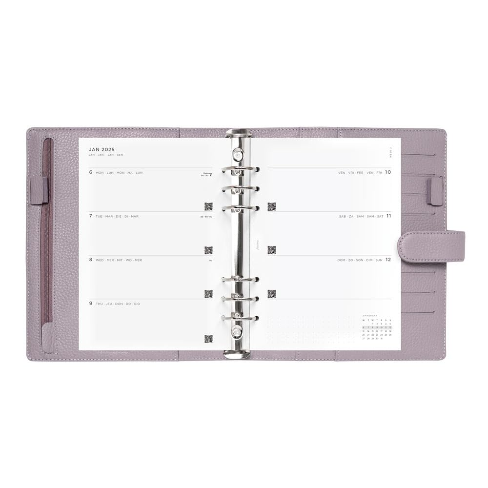 Filofax Norfolk C022641-25, Agenda settimanale 2025, formato tascabile, in morbida pelle pieno fiore, a sei anelli, multilingue