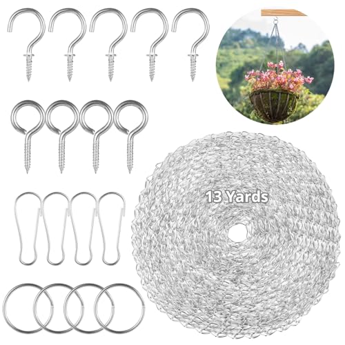 Image of 468 Inches Silver Hanging Chains, Picture Hanging Chain with S Hooks, Hanging Hooks, Buckles, Rings and Screw Hooks, Decorative Chain with Adjustable Length for Hanging Plants, Photos, Bird Feeder