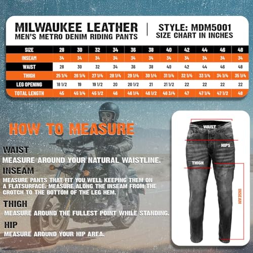 Milwaukee Leather MDM5001 Men's Metro Black CE Armored Motorcycle Riding Denim Jeans Reinforced w/Aramid Fibers - 36