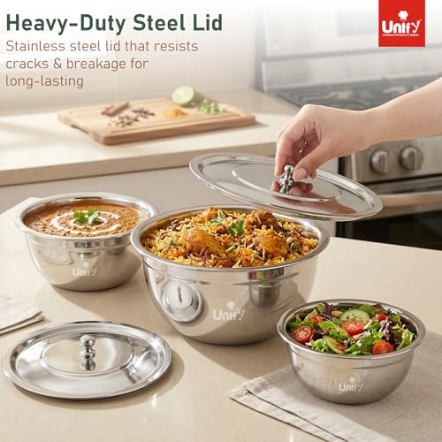 Image of Unify 3 Pieces Stainless Steel Serving Bowl Set with Lid | Steel Serving, Storage & Mixing Bowls | Multipurpose Kitchen Prep Bowl | Mirror Finish Container for Dining & Storage (Lumina Design)