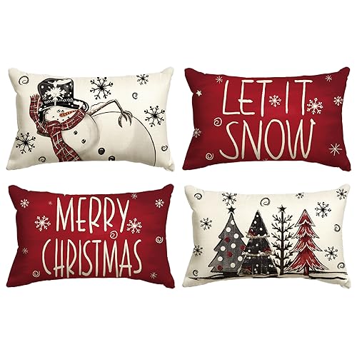 AVOIN colorlife Merry Christmas Snowman Let It Snow Throw Pillow Covers, 12 x 20 Inch Xmas Tree Winter Holiday Cushion Case Decoration for Sofa Couch Set of 4