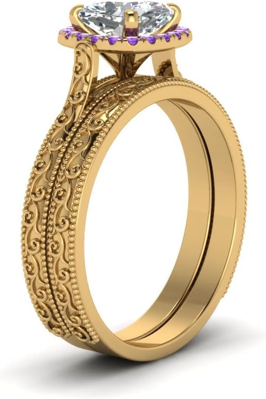 Choose Your Gemstone Hand Engraved Halo Cushion Wedding Ring Yellow Gold Plated Cushion Shape Wedding Ring Sets Matching Jewelry Wedding Jewelry Easy to Wear Gifts US Size 4 to 12