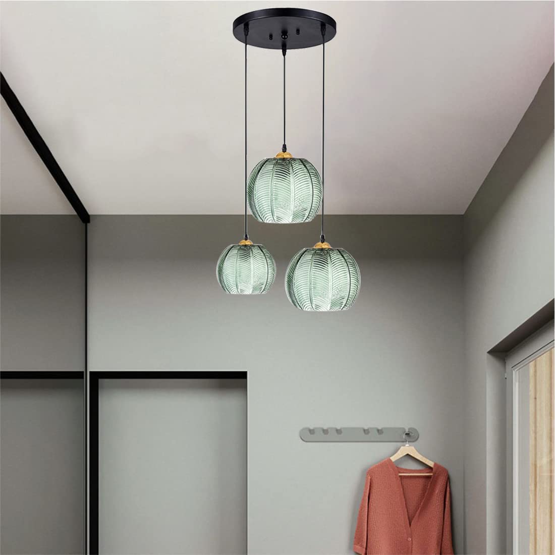 Lampade a Sospensione Moderne in Vetro, lampadario a 3 Teste con Design a Zucca Verde e Paralume in Vetro scanalato, Cavo Regolabile, Lampada a Sospensione da soffitto per Camera da Letto, s