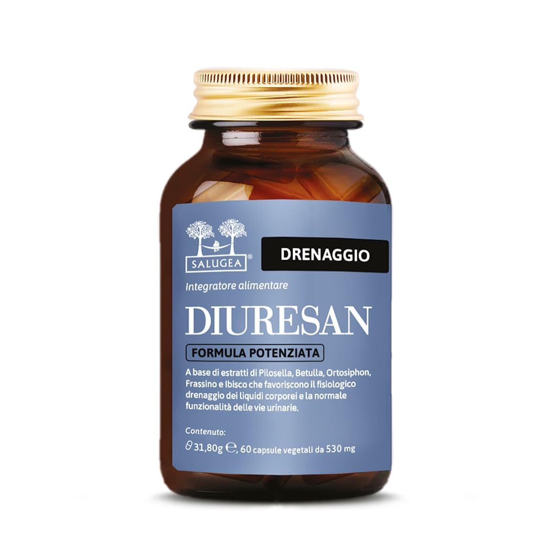 DIURESAN Formula Potenziata Salugea - Integratore 100% Naturale per la Ritenzione Idrica il Drenaggio e la Depurazione - Capsule Vegetali - Flacone In Vetro Scuro (no Plastica) - 60 capsule
