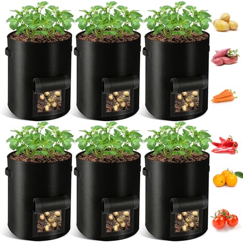 REMIAWY Potato Grow Bags 10 Gallon 6 Pack Potato Bags for Growing Potatoes with Flap Harvest Window and Handle Potato Planter Thickened Nonwoven Fabric Pots for Tomatoes Carrots Vegetables Fruits