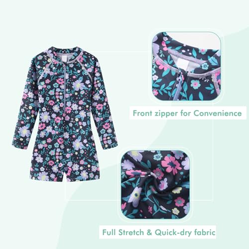 Image of Girls One Piece Swimsuits for Girls Long Sleeve Bathing Suit Sun Protection Rash Guard with Front Zipper 3-16 Years