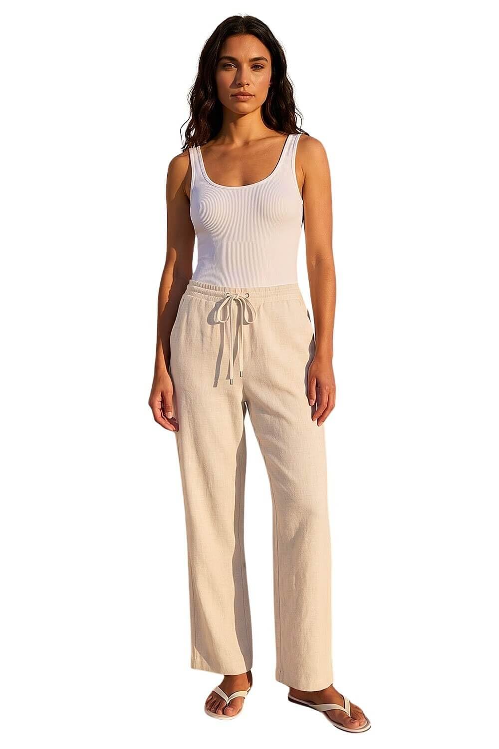Roman Originals Women's Stone Roman Full Length Linen Trouser For Uk - Spring Everyday Summer Holiday Elasticated Waist Comfy Drawstring Soft Relaxed Fit Bottoms Day Out Pants - Size 20