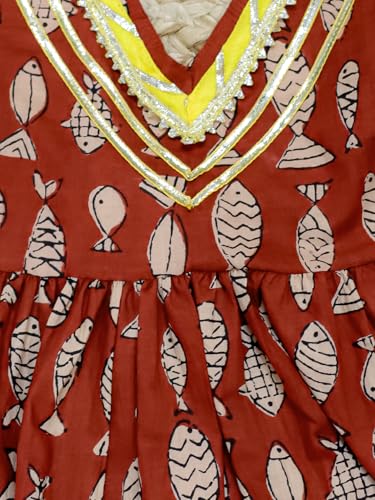 Image of BownBee Halter Neck Pure Cotton Fish Print Kurti with Harem for Girls- (Set of 1) Solid /Printed colorful full length fully stitched regular fit Ethnic wear dress for Kids