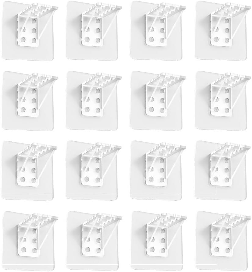 MULT Shelf Bracket, No Drilling, No Dowels, Strong Adhesive Hooks, Angle Bracket, L-Shaped, Support, Joint Alloy, Adhesive Tape, Rental, Transparent, Set of 16