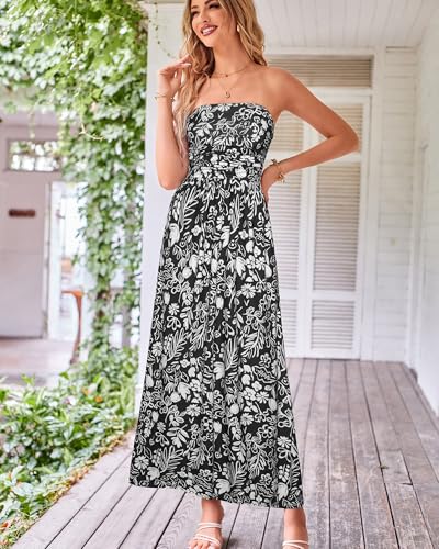 Image of GRACE KARIN Women Strapless Dress Casual Loose Ruched Long Maxi Dress with Pockets
